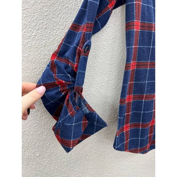 Alter Ego Womens Blue Red Plaid Ruffled Long Sleeve Button-Down Shirt Medium - Picture 3 of 10